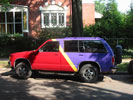 A car painted like the SigEp flag by someone who never heard of SigEp